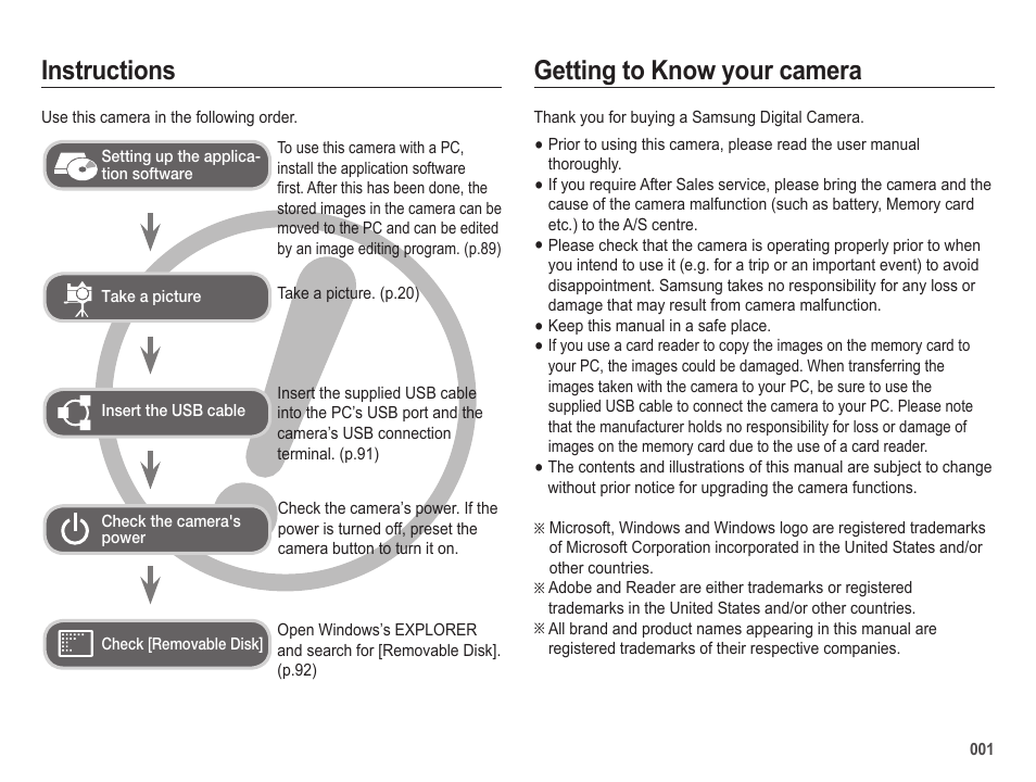 Getting to know your camera instructions | Samsung EC-SL420SBP-US User Manual | Page 2 / 103