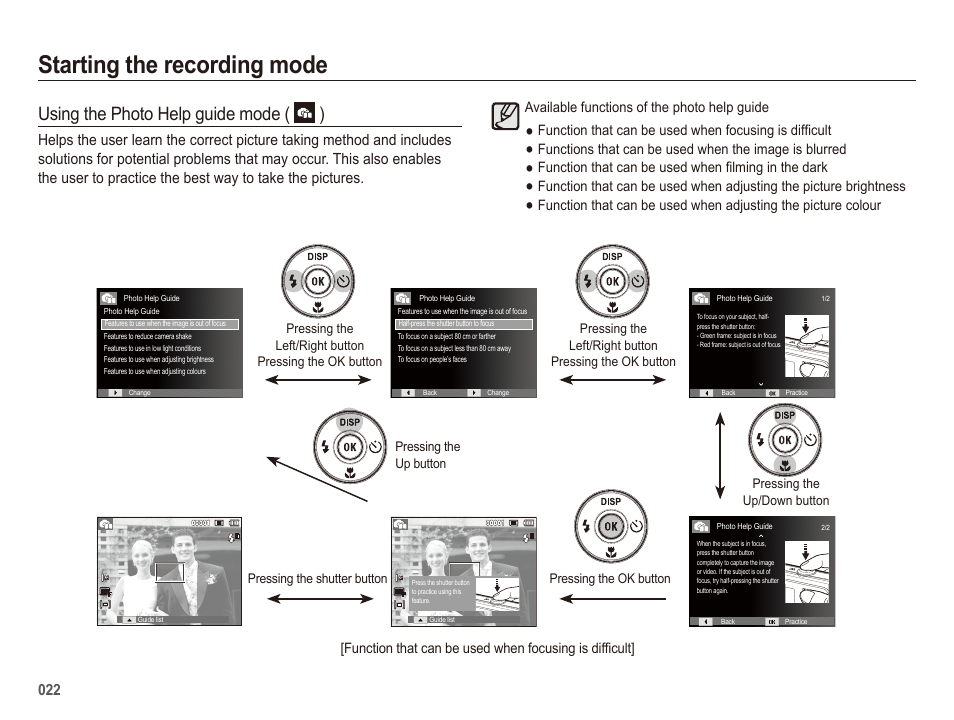 Starting the recording mode, Using the photo help guide mode ( ) | Samsung EC-SL420SBP-US User Manual | Page 23 / 103