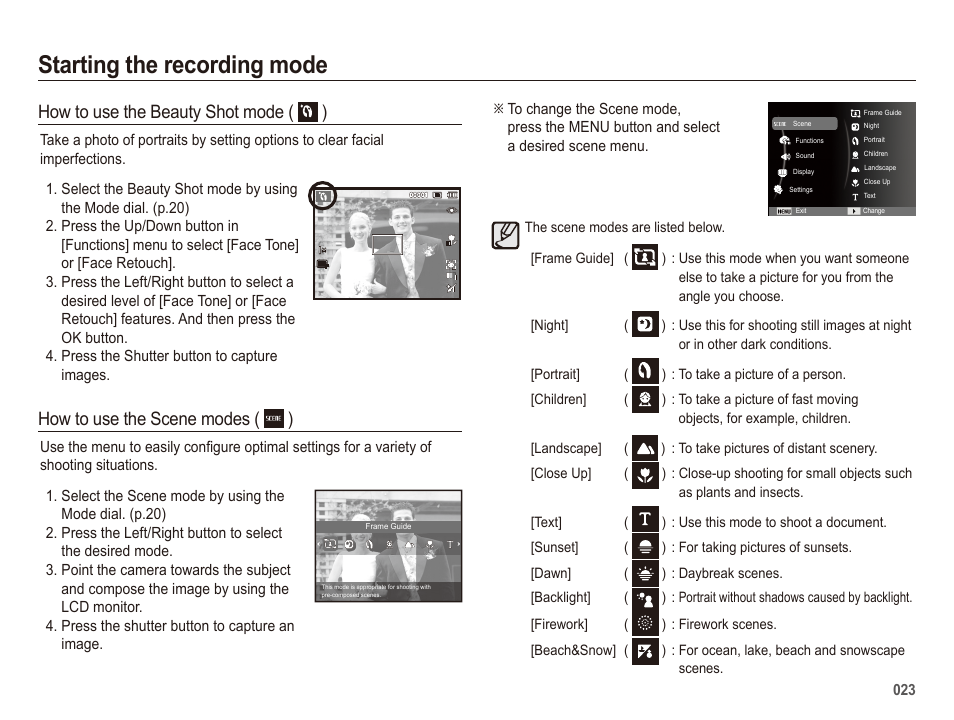 Starting the recording mode, How to use the beauty shot mode ( ), How to use the scene modes ( ) | Samsung EC-SL420SBP-US User Manual | Page 24 / 103
