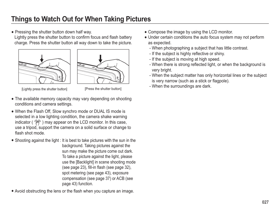 Things to watch out for when taking pictures | Samsung EC-SL420SBP-US User Manual | Page 28 / 103