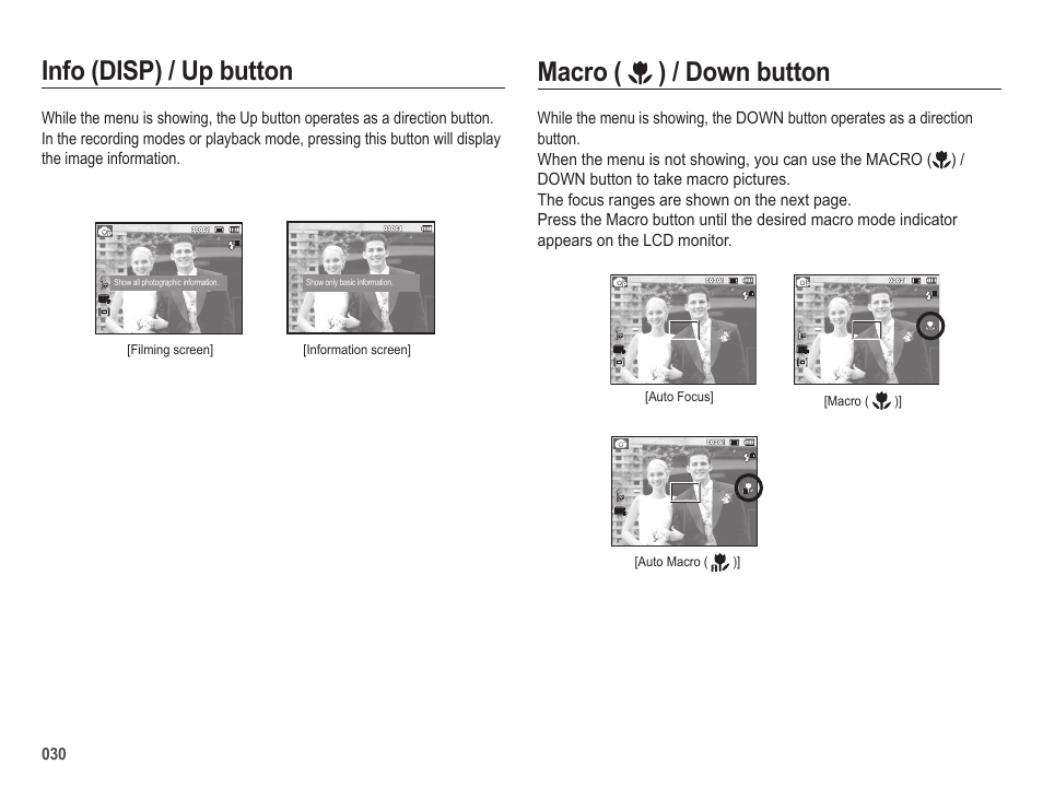 Macro ( ) / down button, Info (disp) / up button | Samsung EC-SL420SBP-US User Manual | Page 31 / 103