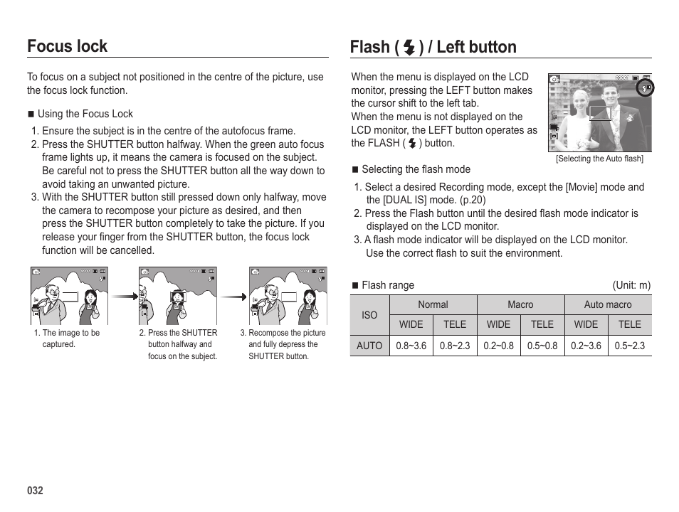 Focus lock, Flash ( ) / left button | Samsung EC-SL420SBP-US User Manual | Page 33 / 103