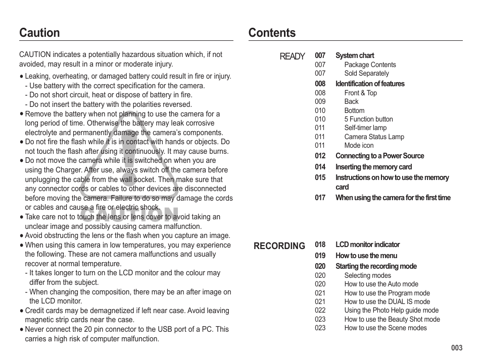Caution contents | Samsung EC-SL420SBP-US User Manual | Page 4 / 103