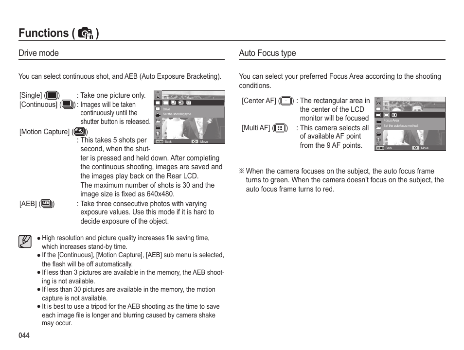 Functions ( ), Drive mode, Auto focus type | Samsung EC-SL420SBP-US User Manual | Page 45 / 103