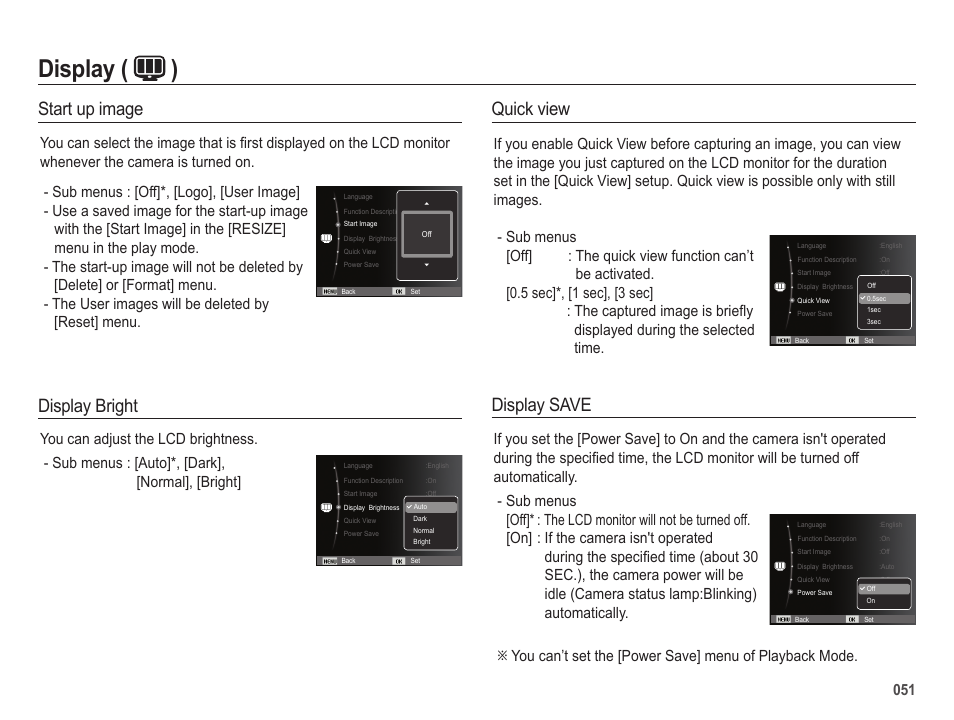 Display ( ), Quick view, Display save | Display bright, Start up image | Samsung EC-SL420SBP-US User Manual | Page 52 / 103