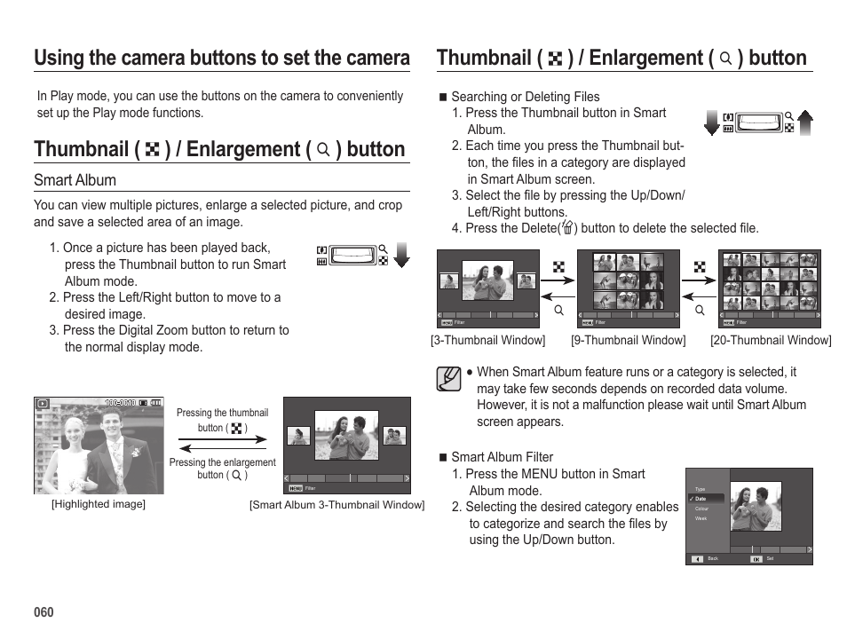 Thumbnail, Enlargement, Button using the camera buttons to set the camera | Button, Smart album | Samsung EC-SL420SBP-US User Manual | Page 61 / 103