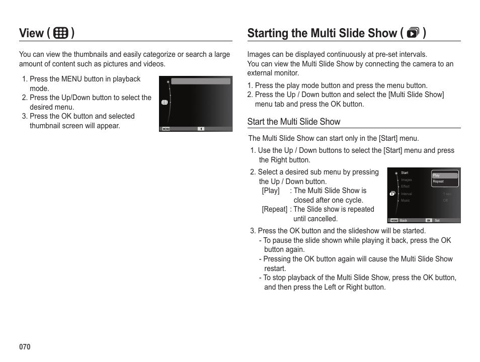 Starting the multi slide show (  ), View ( ), Start the multi slide show | Samsung EC-SL420SBP-US User Manual | Page 71 / 103
