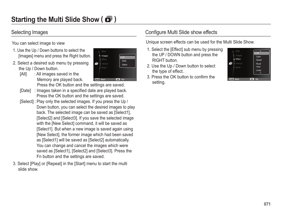 Starting the multi slide show (  ), Selecting images, Configure multi slide show effects | Samsung EC-SL420SBP-US User Manual | Page 72 / 103