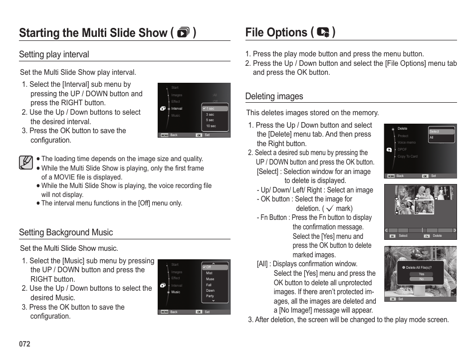 Starting the multi slide show (  ), File options ( ), Setting background music | Deleting images, Setting play interval | Samsung EC-SL420SBP-US User Manual | Page 73 / 103