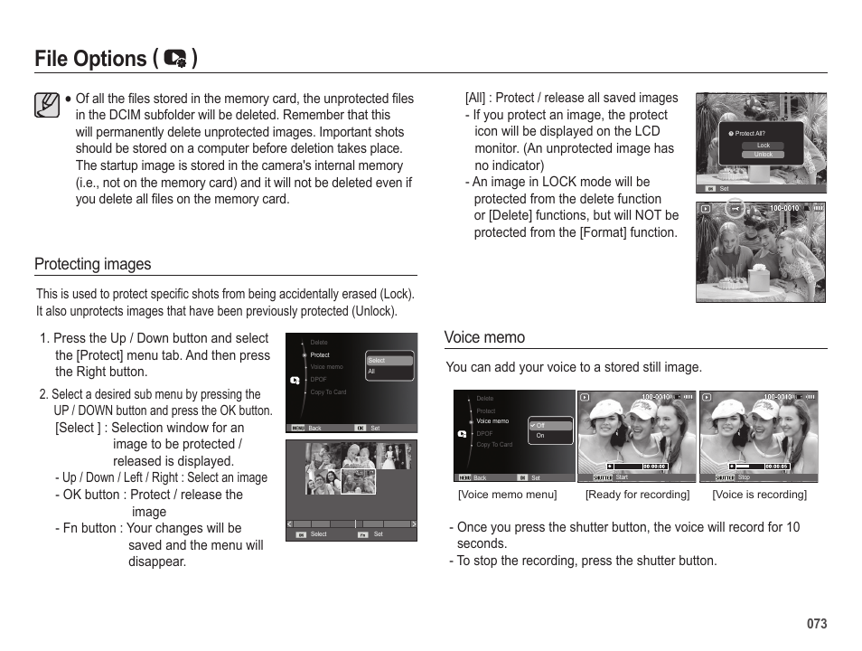 File options ( ), Protecting images, You can add your voice to a stored still image | Samsung EC-SL420SBP-US User Manual | Page 74 / 103