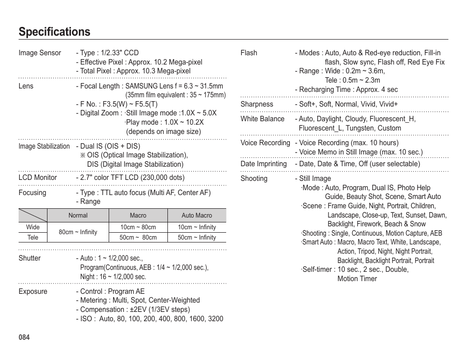 Specifications | Samsung EC-SL420SBP-US User Manual | Page 85 / 103