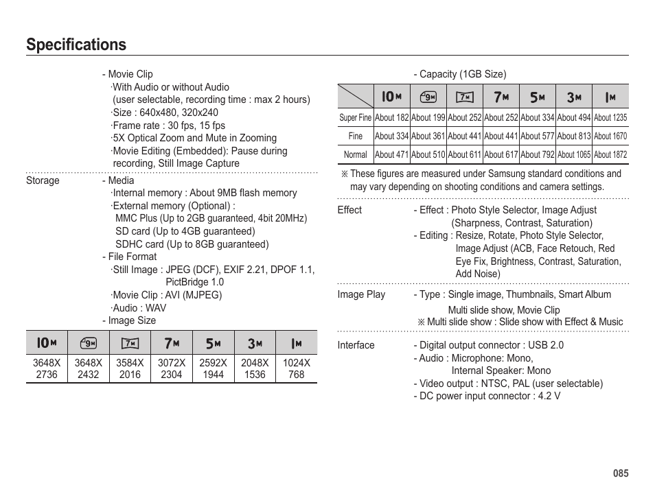 Specifications | Samsung EC-SL420SBP-US User Manual | Page 86 / 103