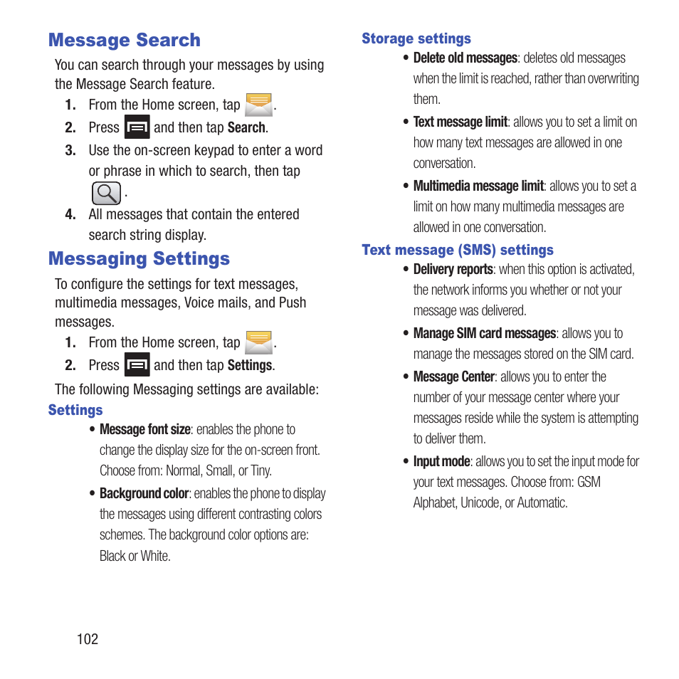 Message search, Messaging settings, Message search messaging settings | Samsung SGH-T679DBWTMB User Manual | Page 106 / 278