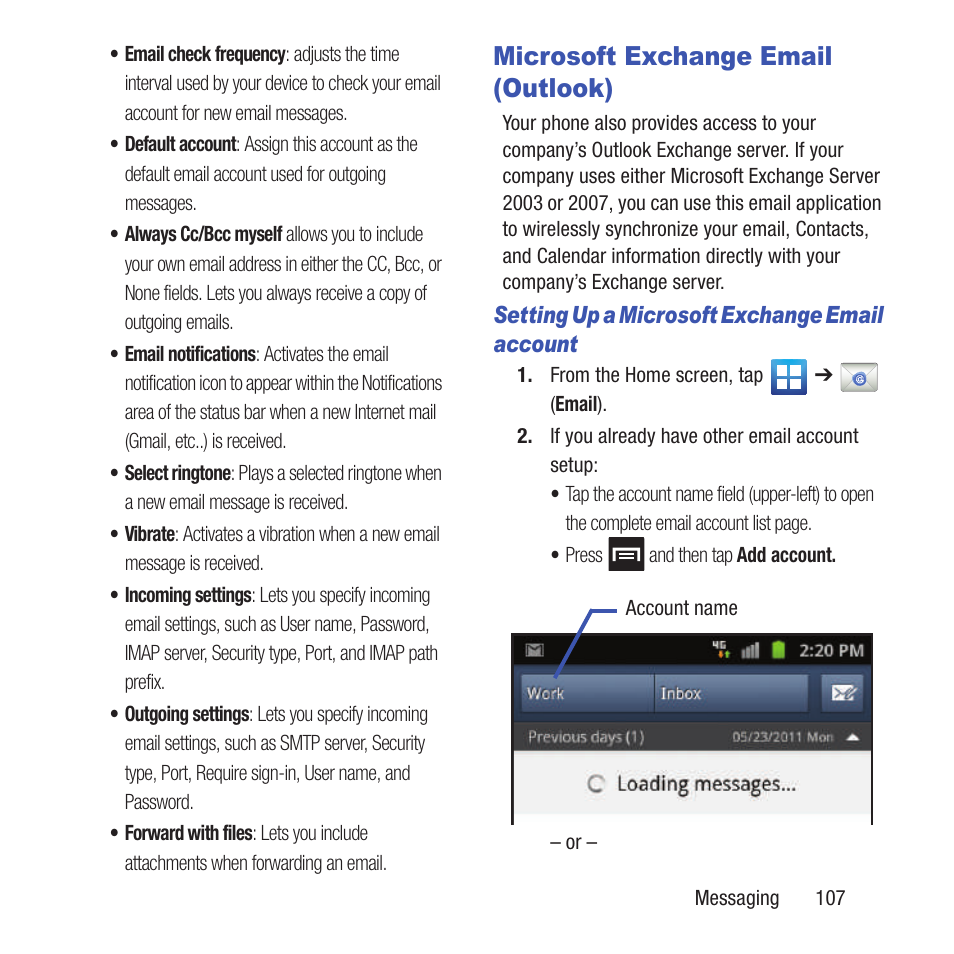 Microsoft exchange email (outlook) | Samsung SGH-T679DBWTMB User Manual | Page 111 / 278