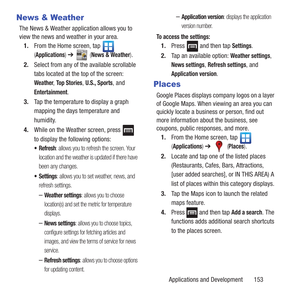 News & weather, Places, News & weather places | Samsung SGH-T679DBWTMB User Manual | Page 157 / 278