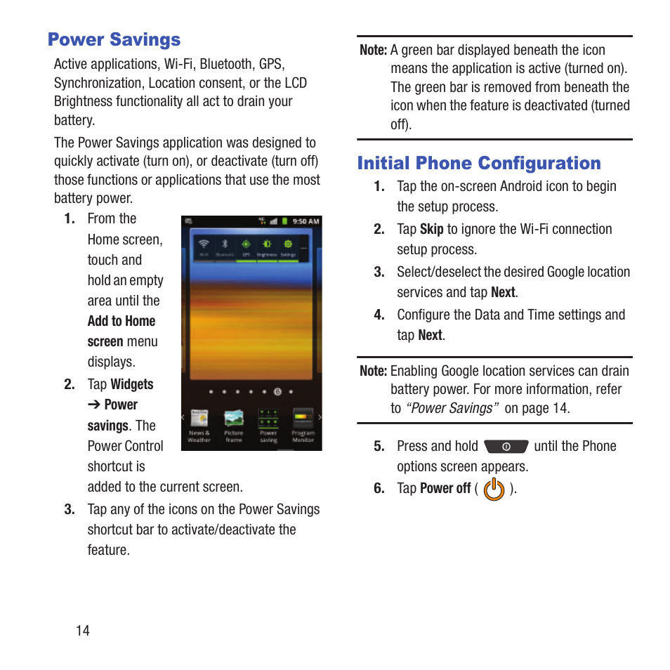 Power savings, Initial phone configuration, Power savings initial phone configuration | Samsung SGH-T679DBWTMB User Manual | Page 18 / 278