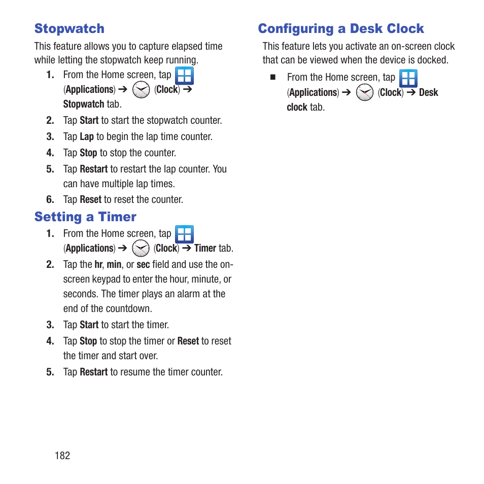 Stopwatch, Setting a timer, Configuring a desk clock | Stopwatch setting a timer configuring a desk clock | Samsung SGH-T679DBWTMB User Manual | Page 186 / 278