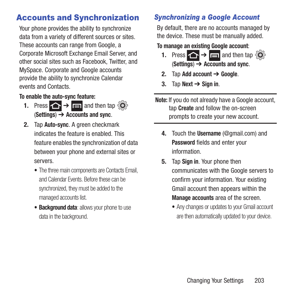 Accounts and synchronization | Samsung SGH-T679DBWTMB User Manual | Page 207 / 278
