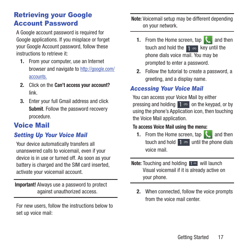 Retrieving your google account password, Voice mail, Retrieving your google account | Password | Samsung SGH-T679DBWTMB User Manual | Page 21 / 278