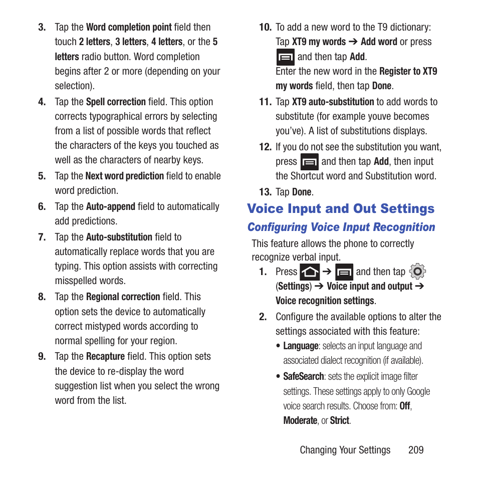 Voice input and out settings | Samsung SGH-T679DBWTMB User Manual | Page 213 / 278