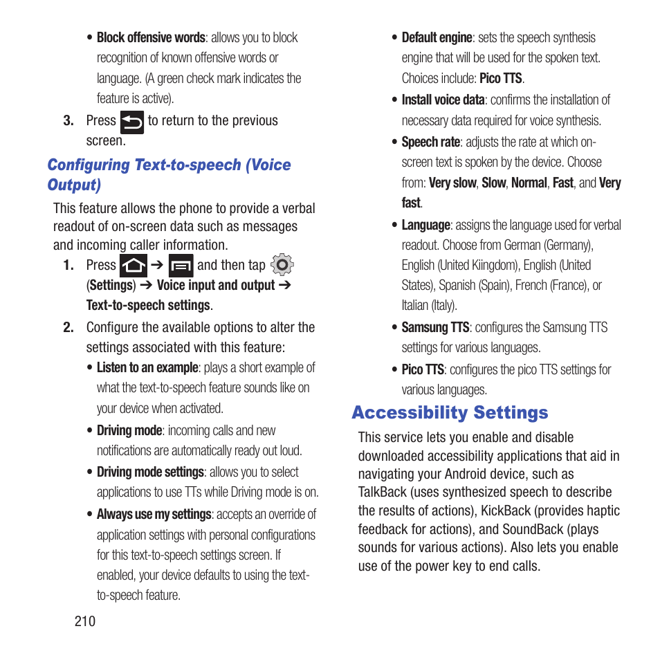 Accessibility settings | Samsung SGH-T679DBWTMB User Manual | Page 214 / 278