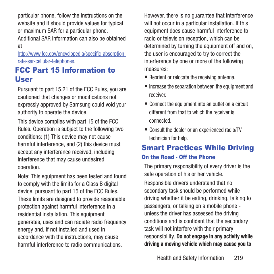 Fcc part 15 information to user, Smart practices while driving | Samsung SGH-T679DBWTMB User Manual | Page 223 / 278