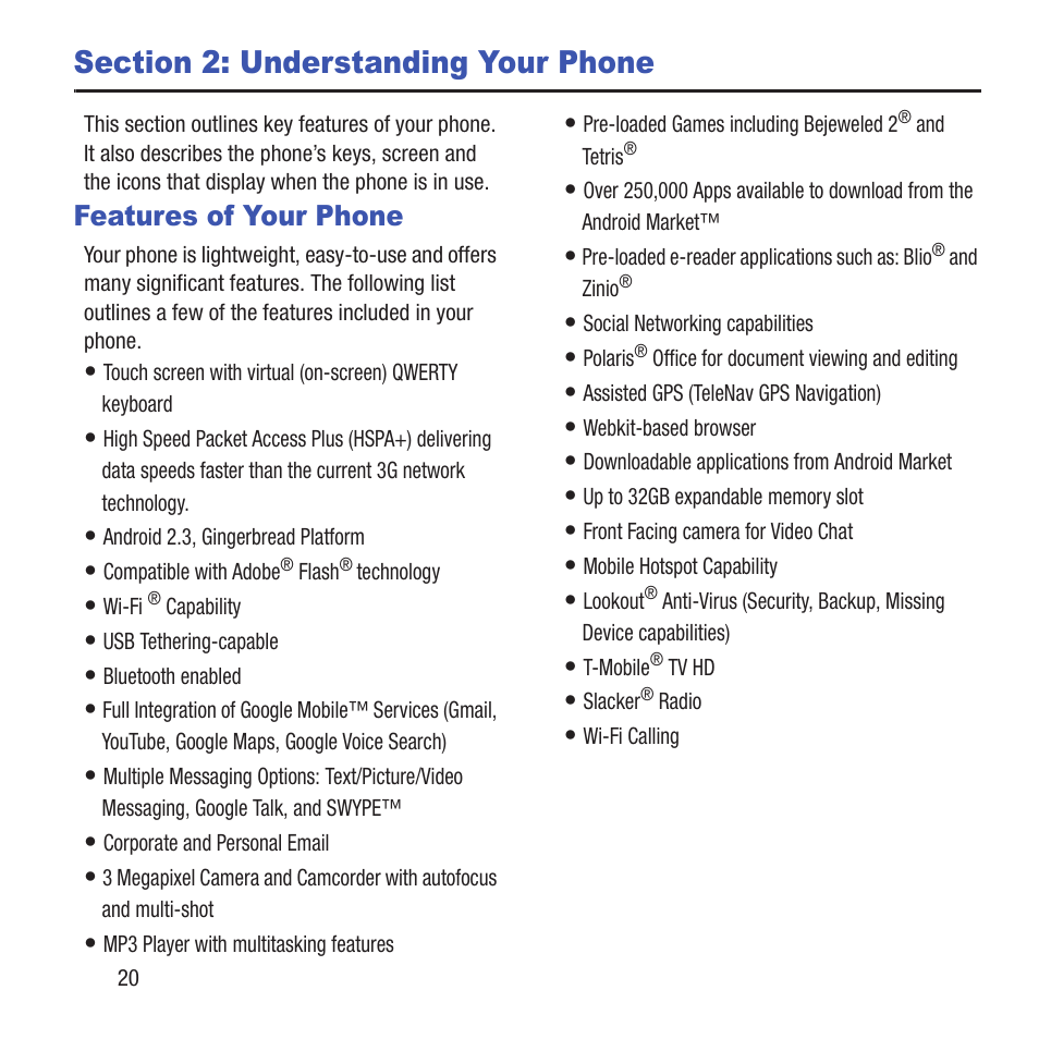 Section 2: understanding your phone, Features of your phone | Samsung SGH-T679DBWTMB User Manual | Page 24 / 278