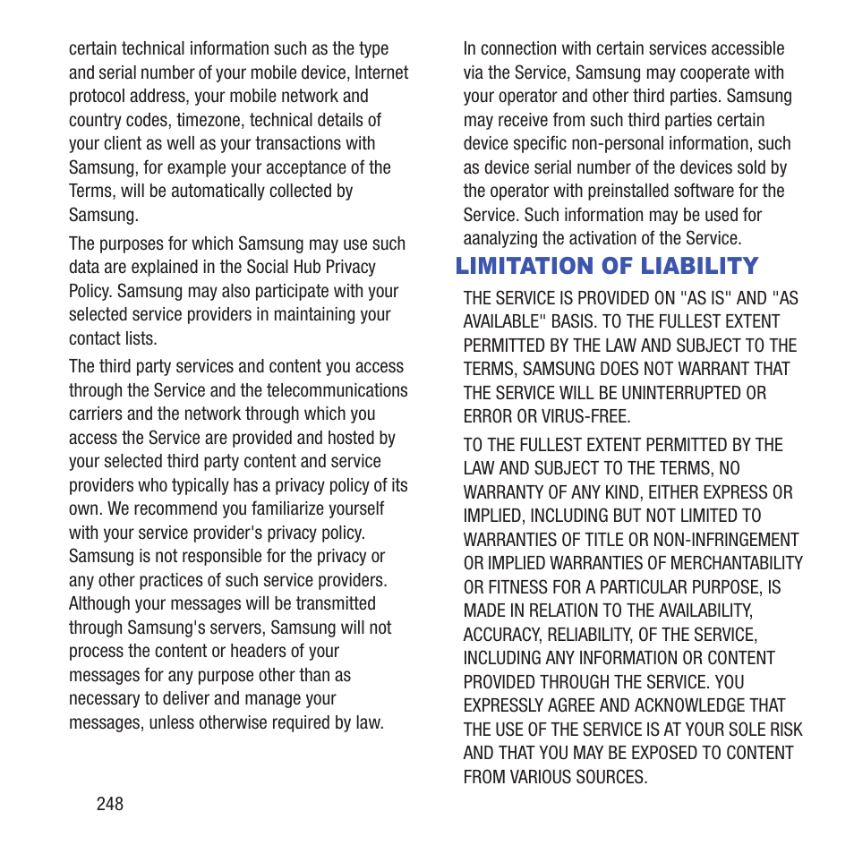 Limitation of liability | Samsung SGH-T679DBWTMB User Manual | Page 252 / 278