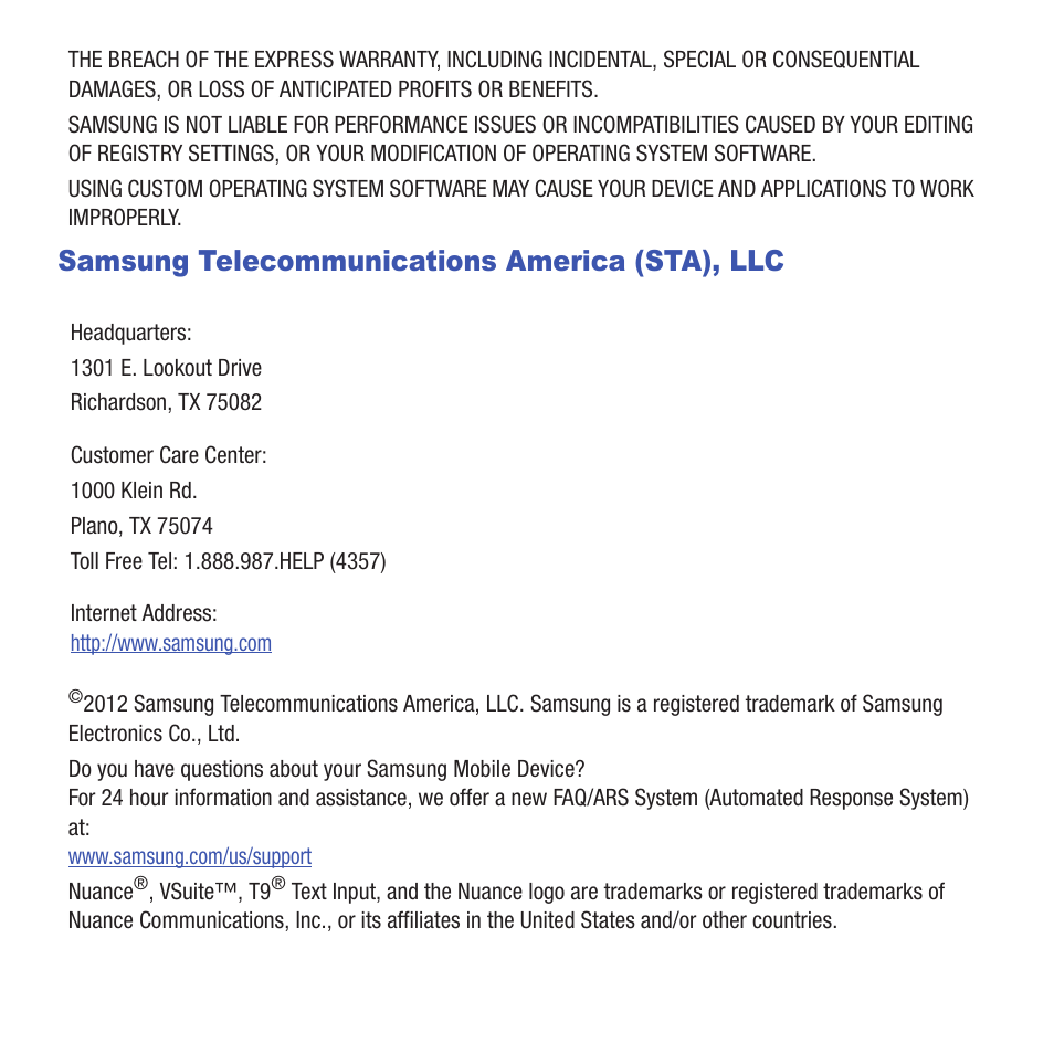 Samsung telecommunications america (sta), llc | Samsung SGH-T679DBWTMB User Manual | Page 3 / 278