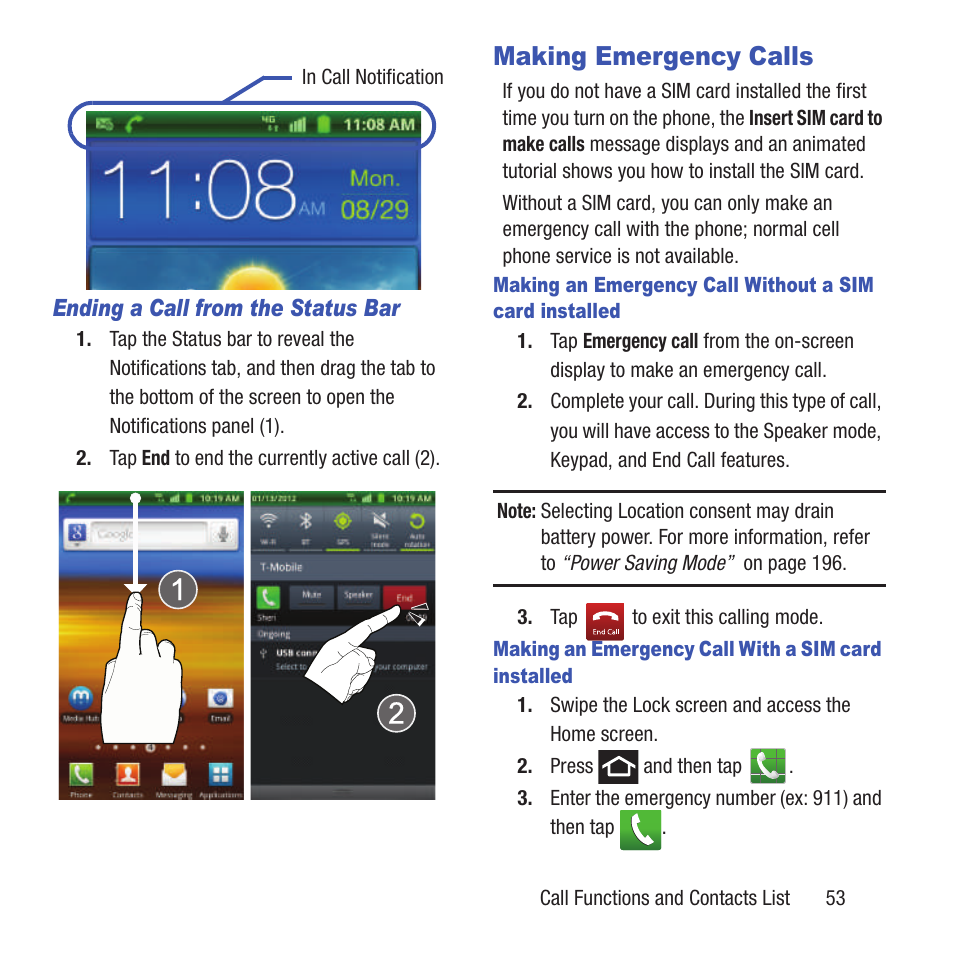 Making emergency calls | Samsung SGH-T679DBWTMB User Manual | Page 57 / 278