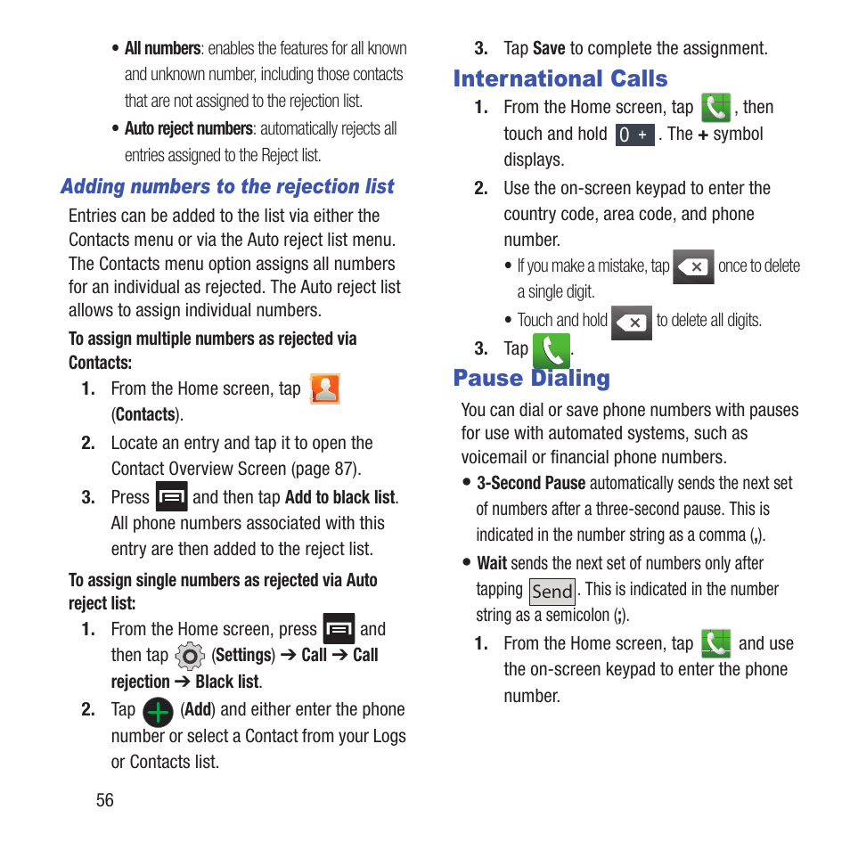 International calls, Pause dialing, International calls pause dialing | Samsung SGH-T679DBWTMB User Manual | Page 60 / 278