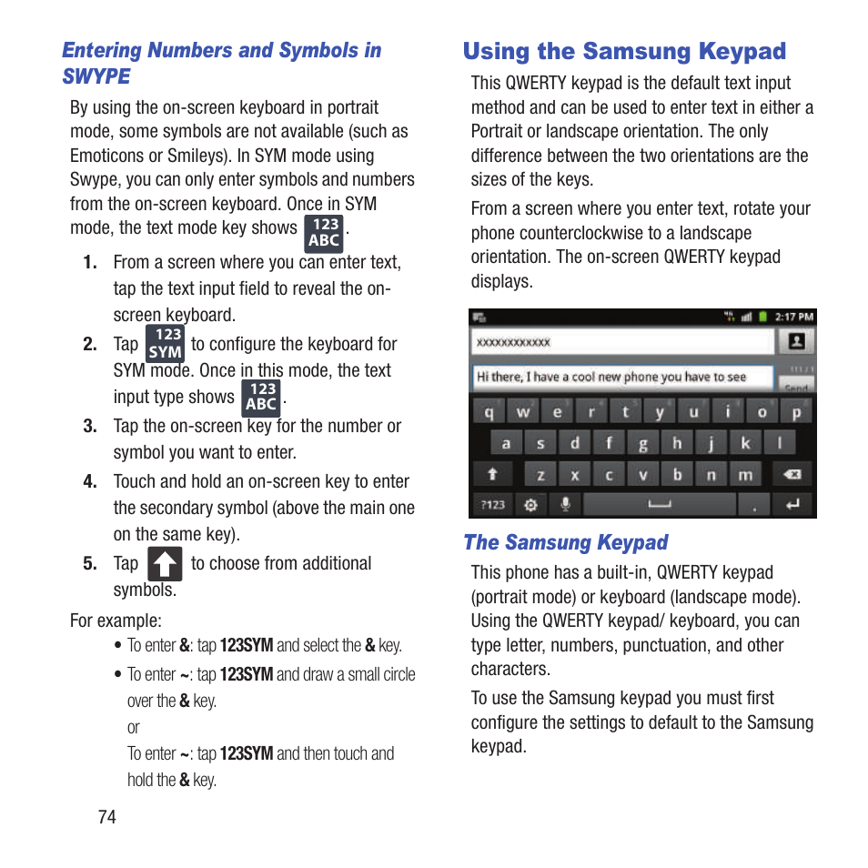 Using the samsung keypad | Samsung SGH-T679DBWTMB User Manual | Page 78 / 278