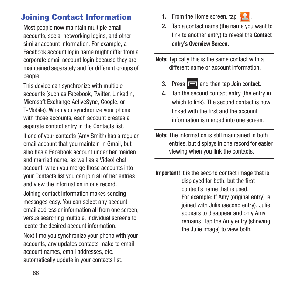 Joining contact information | Samsung SGH-T679DBWTMB User Manual | Page 92 / 278