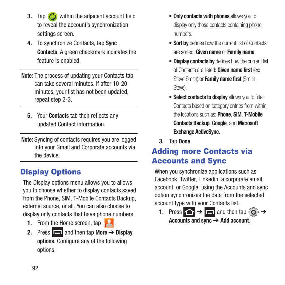 Display options, Adding more contacts via accounts and sync, Display options adding more contacts via accounts | And sync | Samsung SGH-T679DBWTMB User Manual | Page 96 / 278