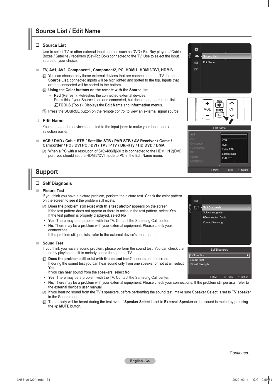 Source list / edit name, Support, Source list | Edit name, Self diagnosis | Samsung PN42B450B1DXZA User Manual | Page 34 / 91