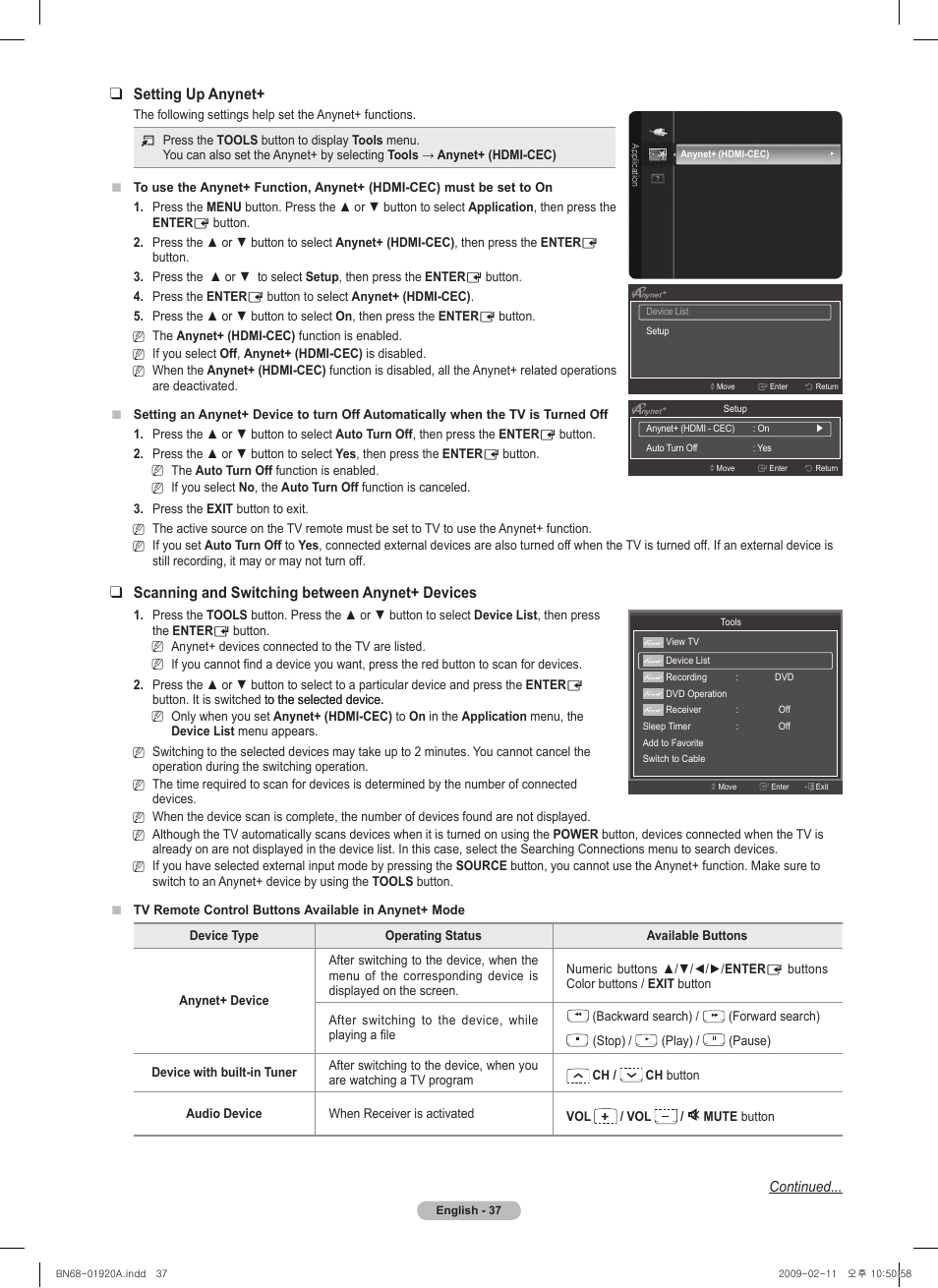 Setting up anynet, Scanning and switching between anynet+ devices | Samsung PN42B450B1DXZA User Manual | Page 37 / 91