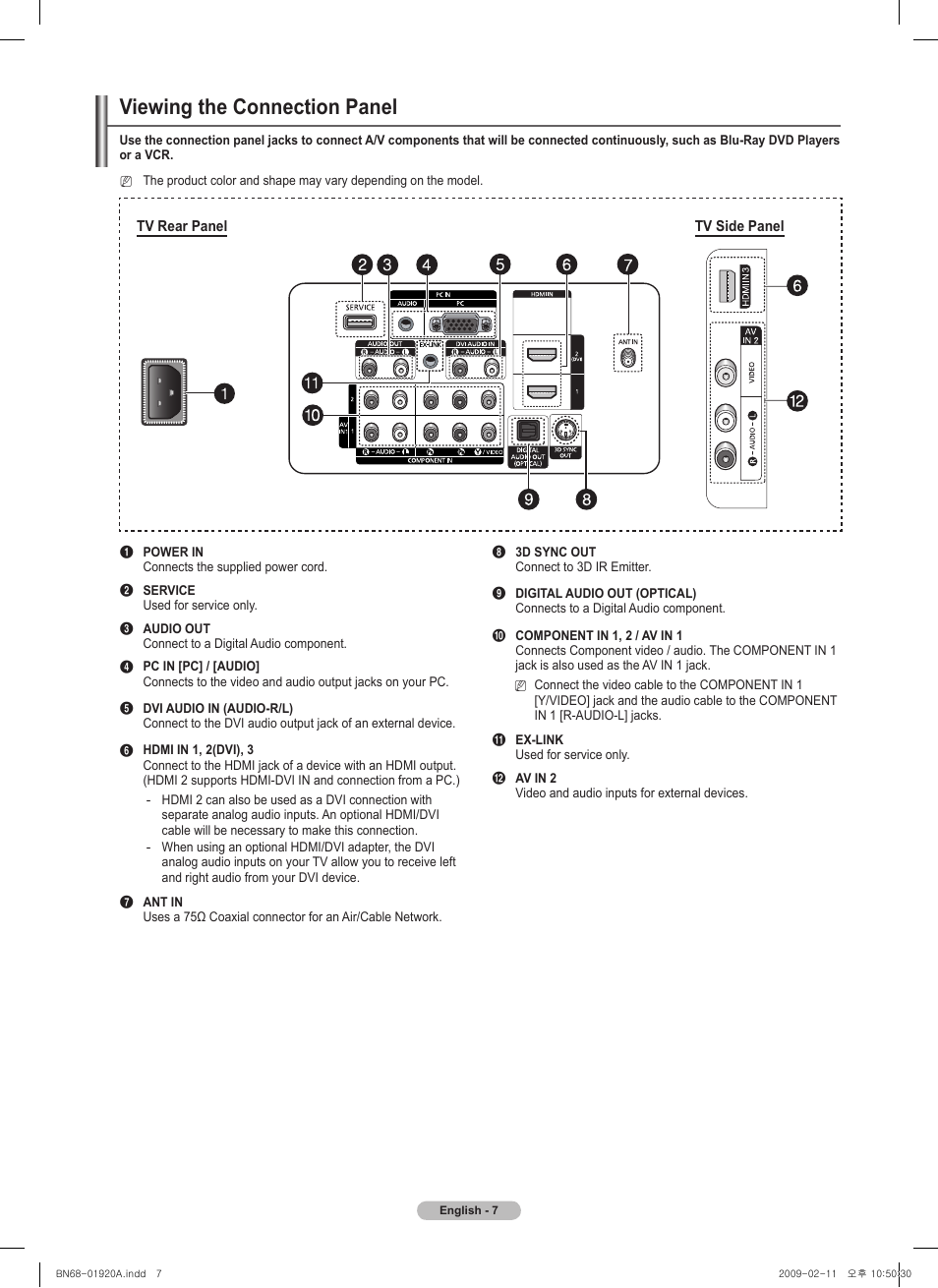 Viewing the connection panel | Samsung PN42B450B1DXZA User Manual | Page 7 / 91