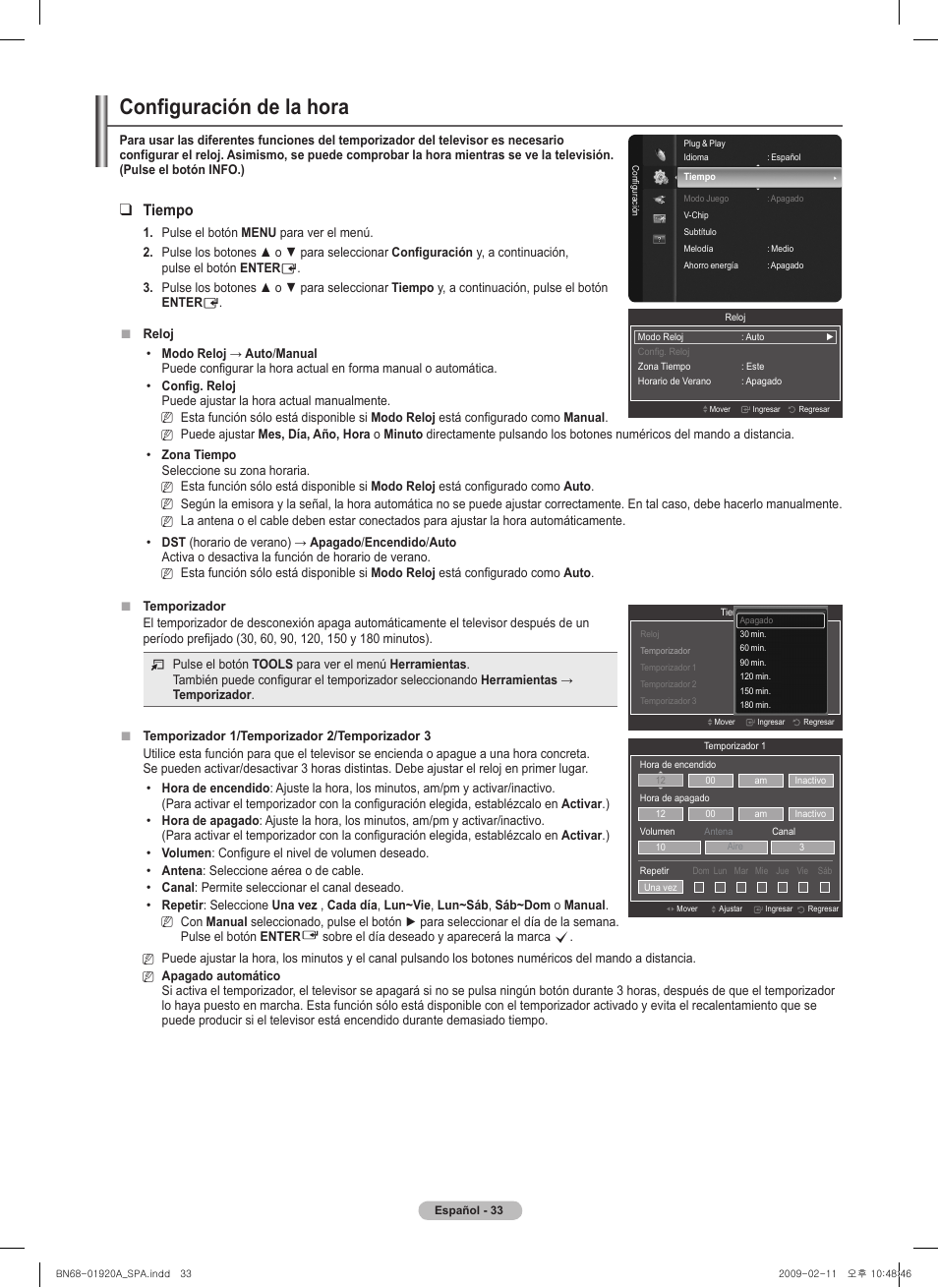 Configuración de la hora, Tiempo | Samsung PN42B450B1DXZA User Manual | Page 78 / 91