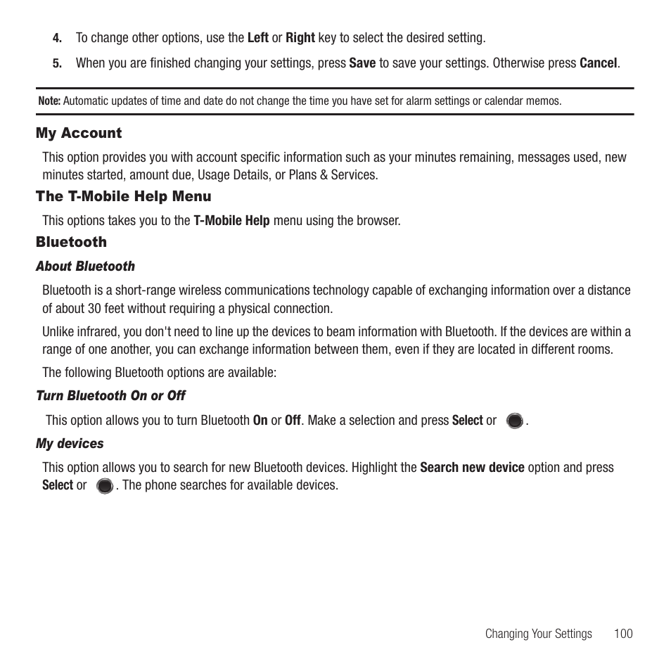 My account, The t-mobile help menu, Bluetooth | My account the t-mobile help menu bluetooth | Samsung SGH-T249DABTMB User Manual | Page 103 / 144