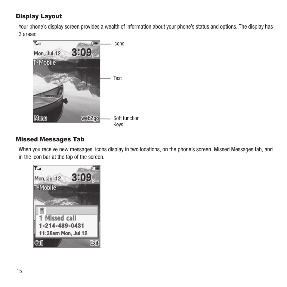 Display layout, Missed messages tab, Display layout missed messages tab | Samsung SGH-T249DABTMB User Manual | Page 18 / 144