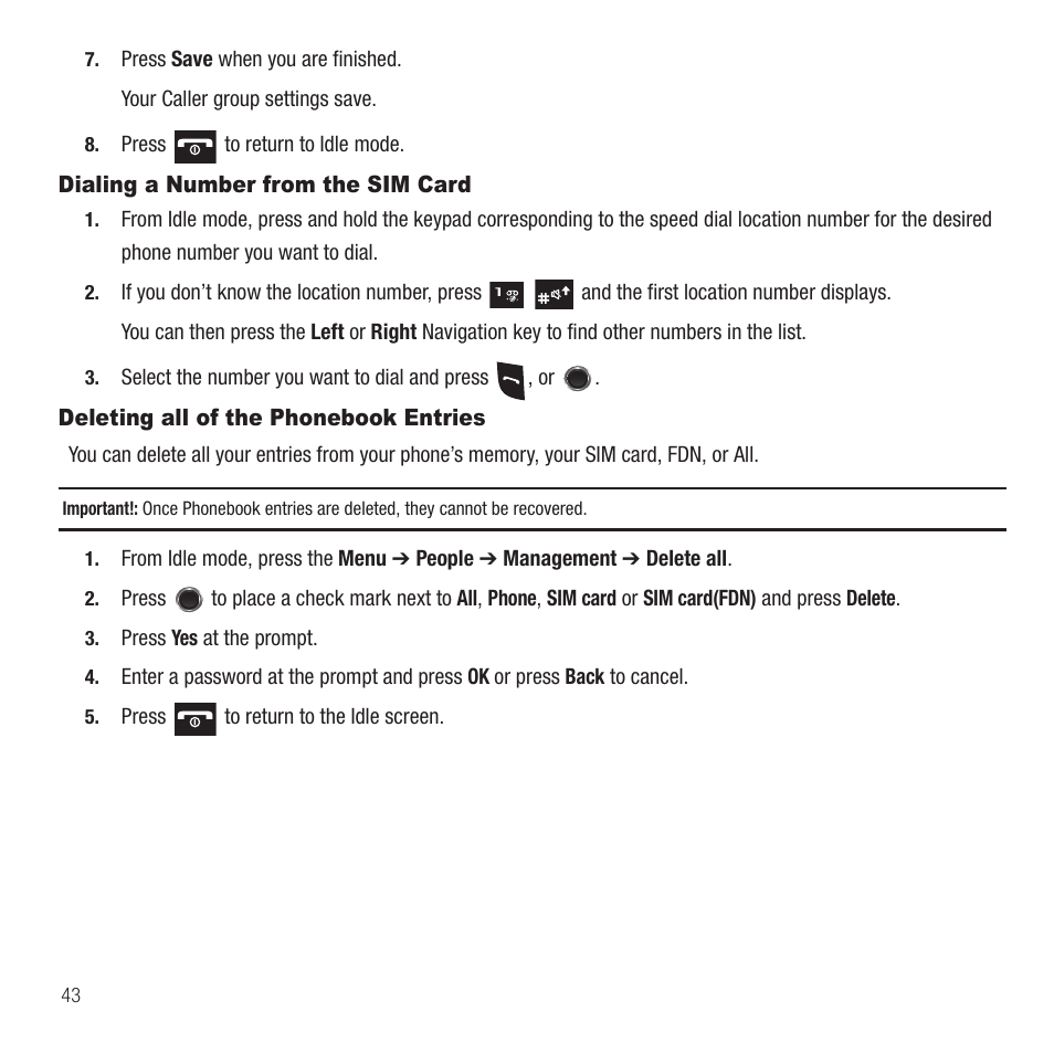 Dialing a number from the sim card, Deleting all of the phonebook entries | Samsung SGH-T249DABTMB User Manual | Page 46 / 144