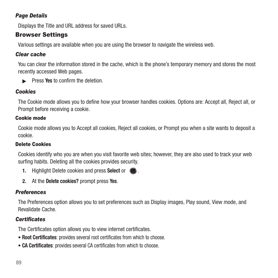 Browser settings | Samsung SGH-T249DABTMB User Manual | Page 92 / 144