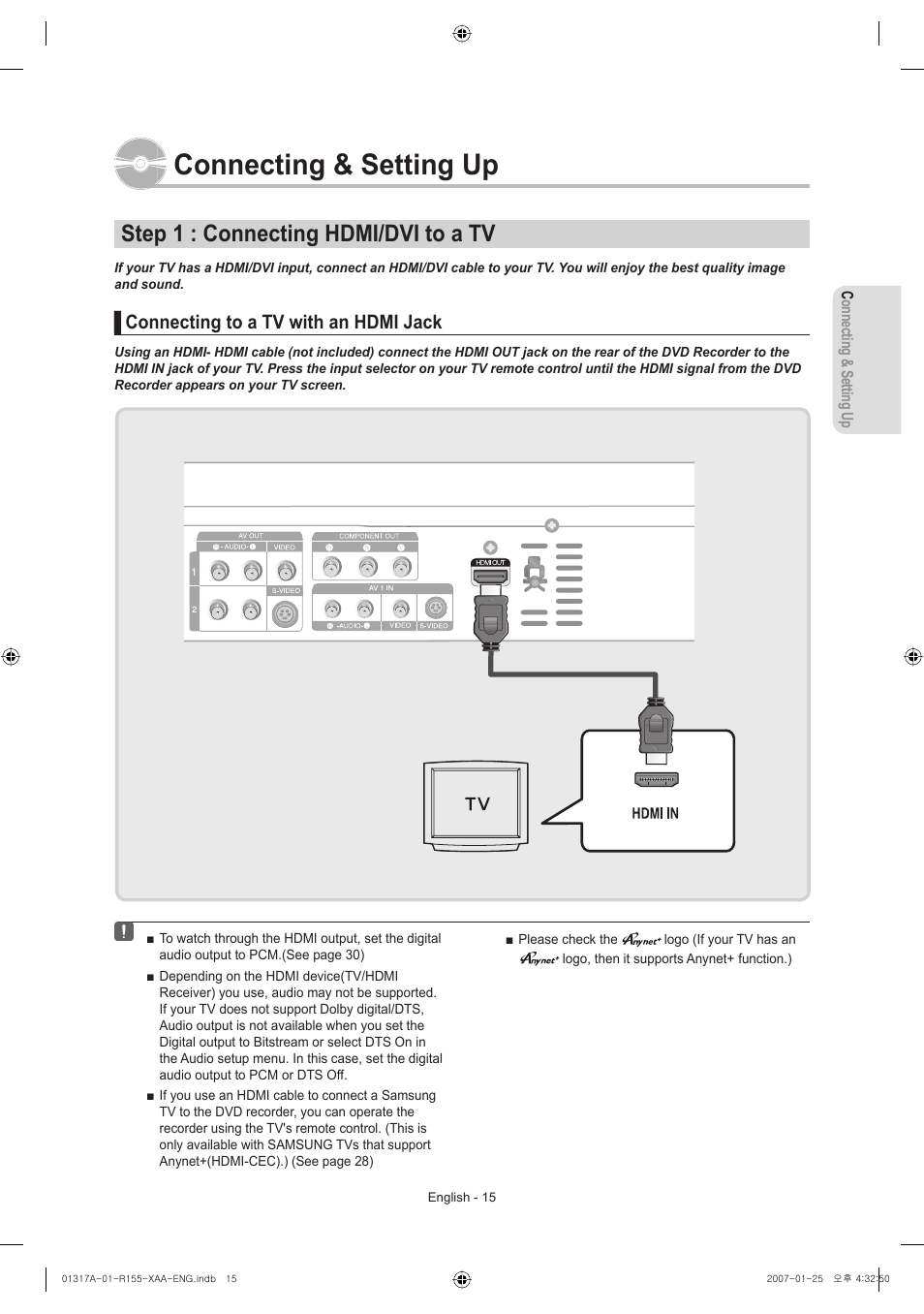 Connecting & setting up, Step 1 : connecting hdmi/dvi to a tv, Connecting to a tv with an hdmi jack | Samsung DVD-R155-XAA User Manual | Page 15 / 75