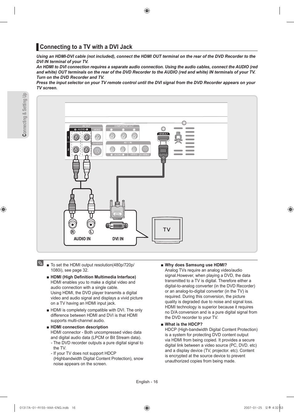 Connecting to a tv with a dvi jack | Samsung DVD-R155-XAA User Manual | Page 16 / 75