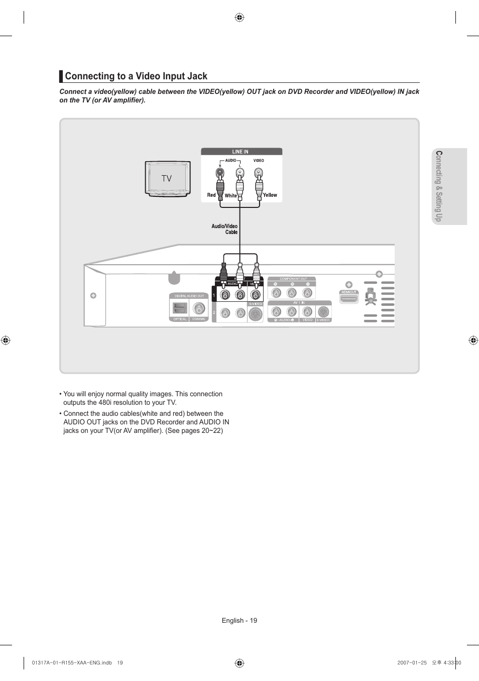 Connecting to a video input jack | Samsung DVD-R155-XAA User Manual | Page 19 / 75
