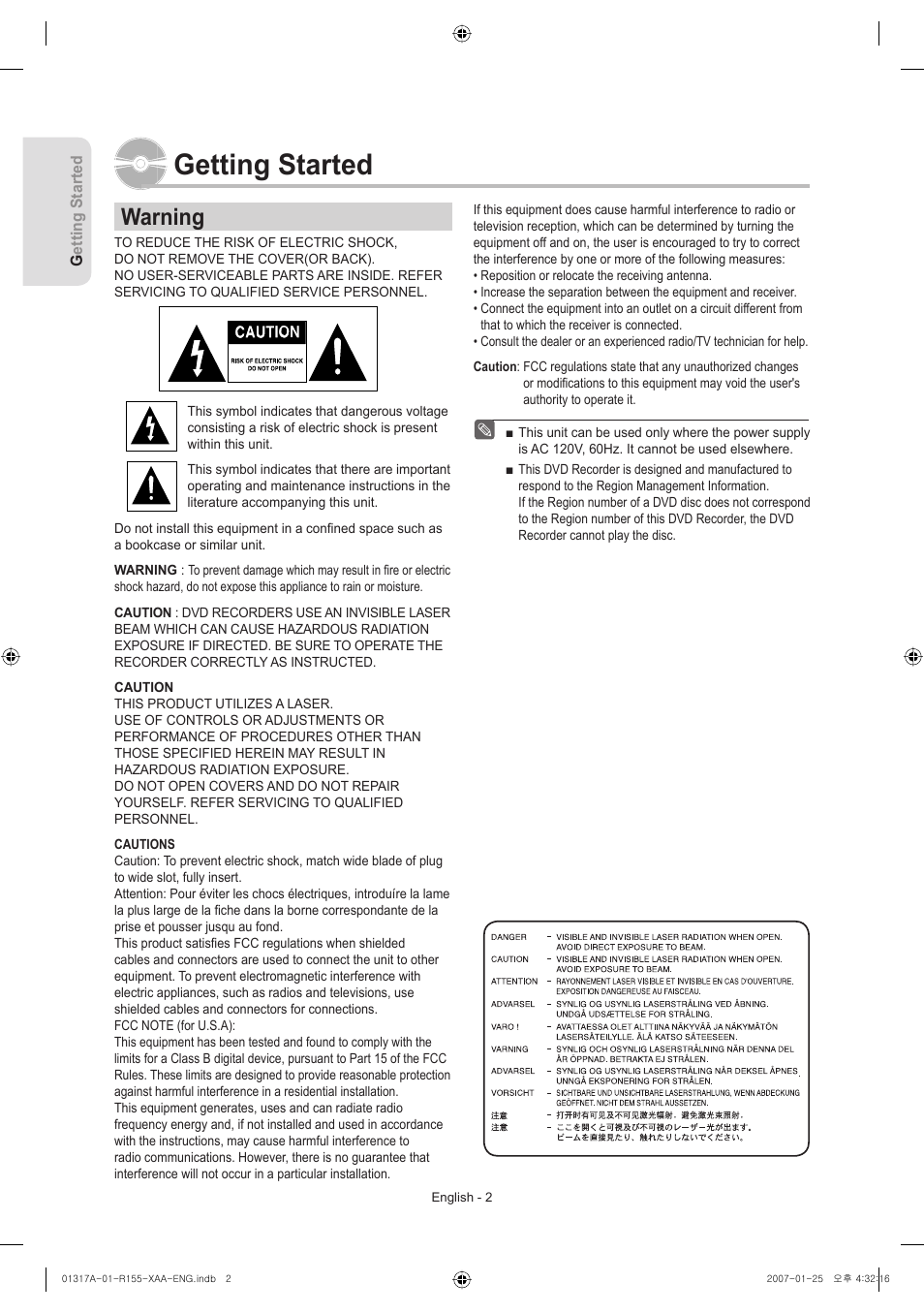 Getting started, Warning | Samsung DVD-R155-XAA User Manual | Page 2 / 75