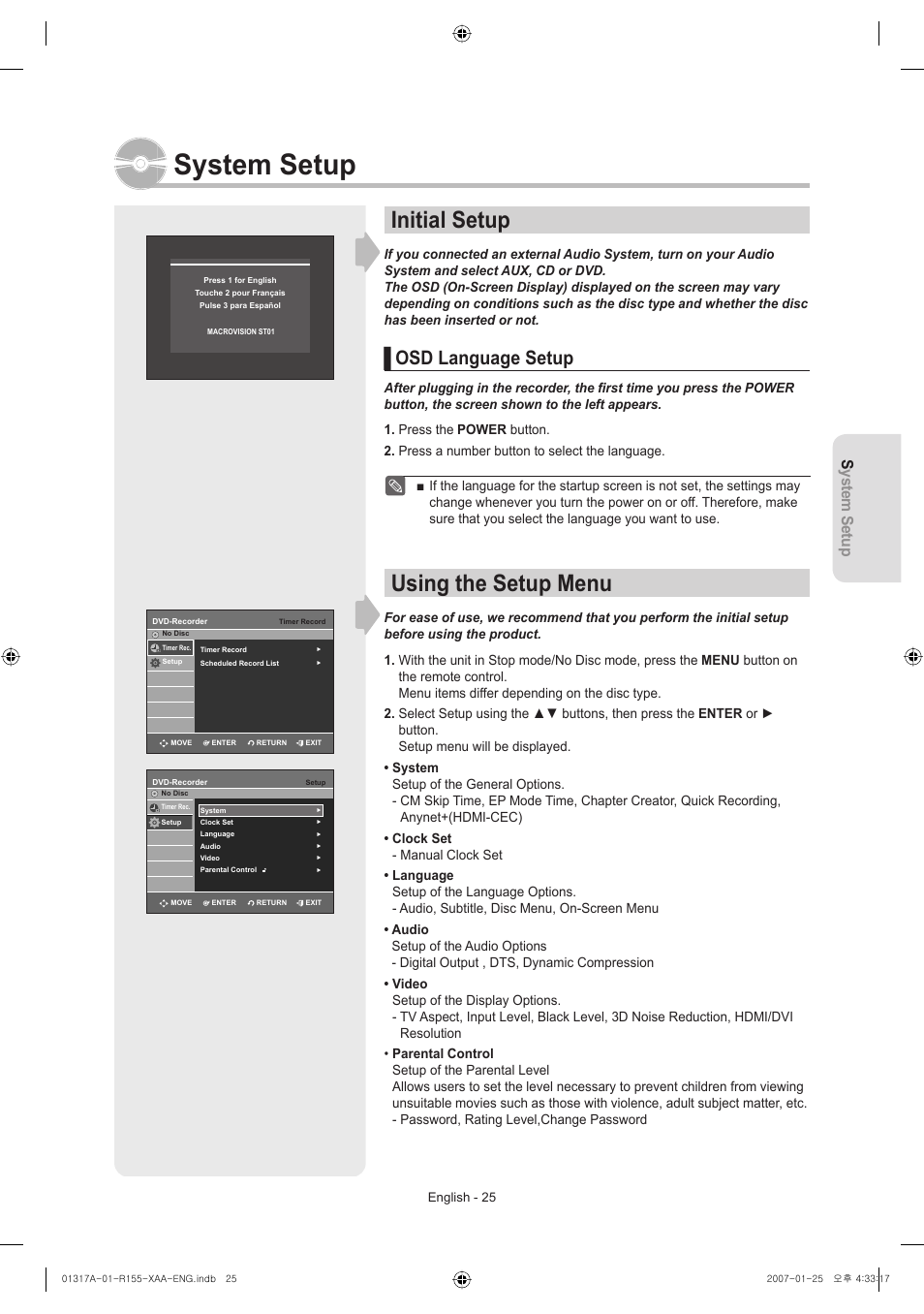 System setup, Initial setup, Osd language setup | Using the setup menu | Samsung DVD-R155-XAA User Manual | Page 25 / 75
