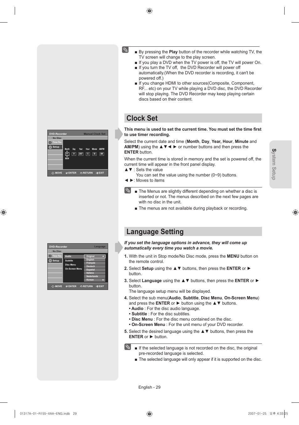 Clock set, Language setting, System setup | English - 29 | Samsung DVD-R155-XAA User Manual | Page 29 / 75