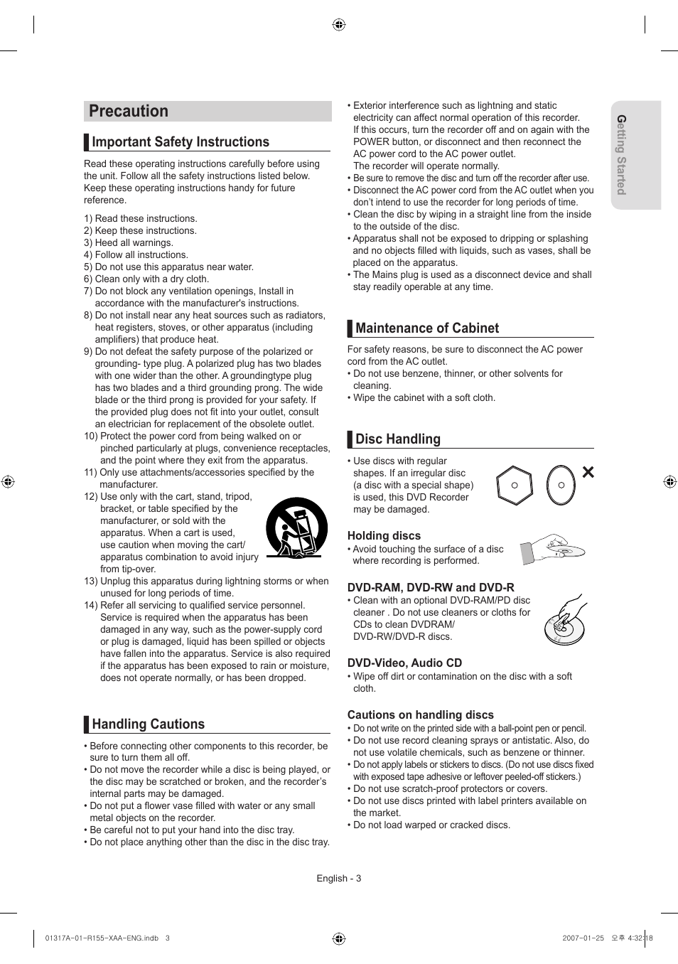 Precaution, Important safety instructions, Handling cautions | Maintenance of cabinet, Disc handling | Samsung DVD-R155-XAA User Manual | Page 3 / 75