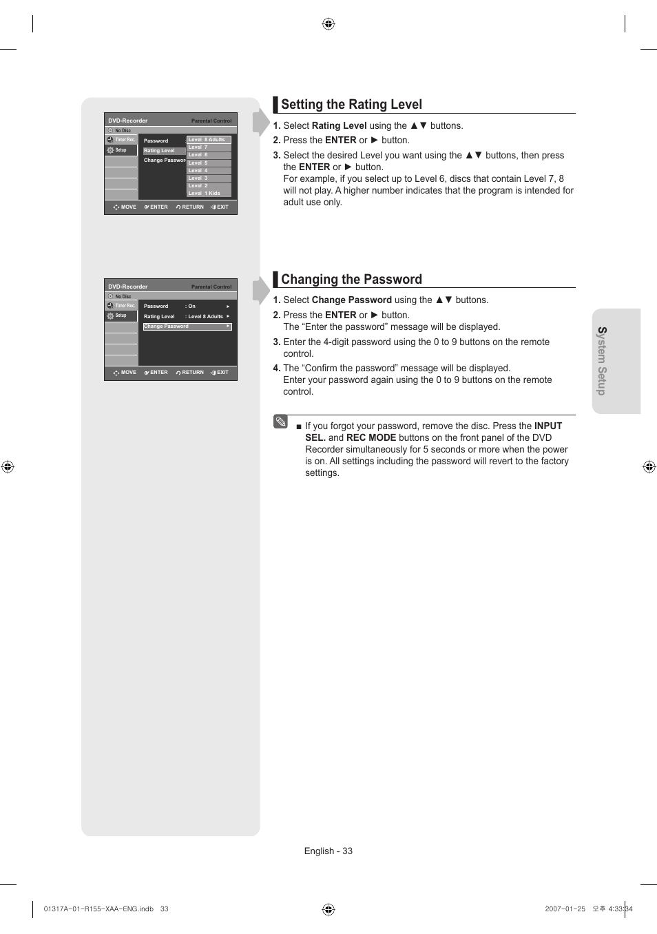 Setting the rating level, Changing the password, System setup | English - 33 | Samsung DVD-R155-XAA User Manual | Page 33 / 75